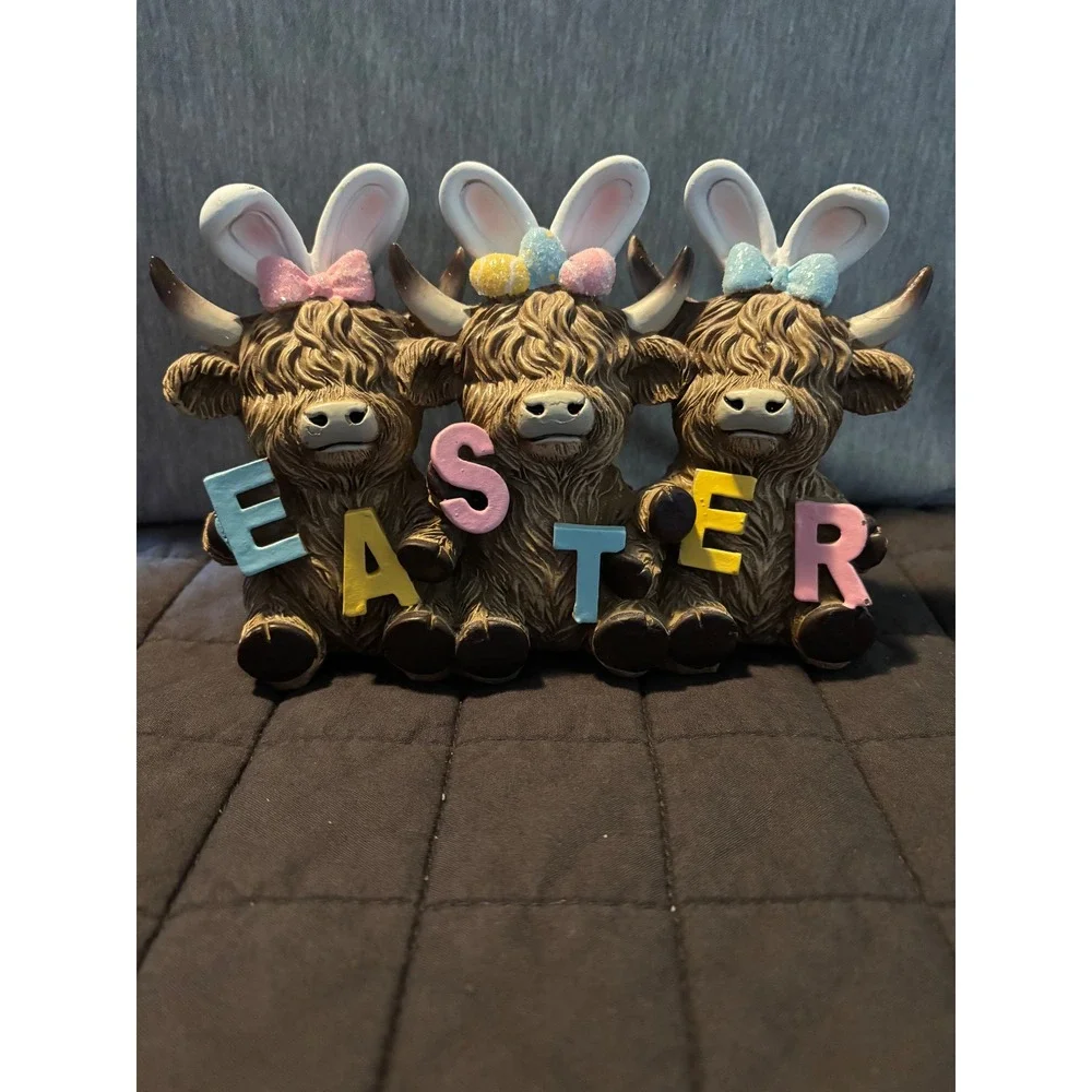 Easter Highland Cow Trio Figurine Bunny Ears Pastel Tabletop Decor Brown Resin